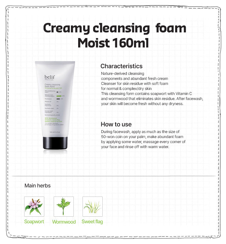 belif CREAMY CLEANSING FOAM MOIST 160mL