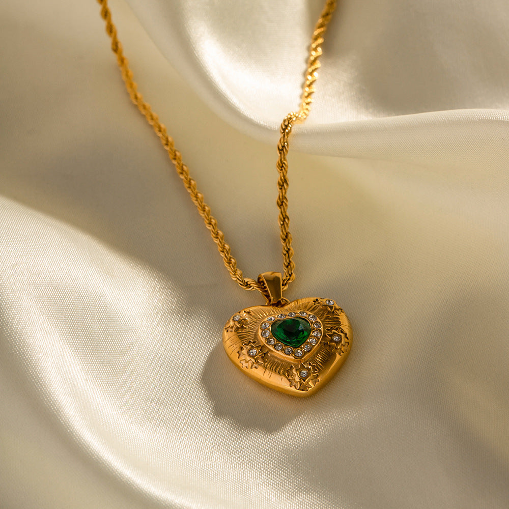 Love Yourself: Speak Yourself 18k Gold Exquisite Emerald and Zircon Heart Shape Pendant Necklace