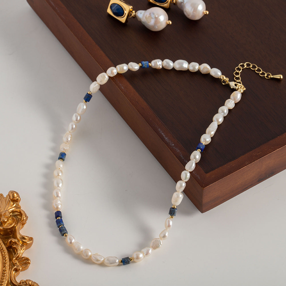 Life Goes On Classic Karaine Blue Lapis Lazuli with Natural Freshwater Pearl Beaded Necklace