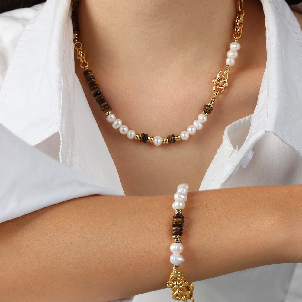 V inspired 18k Gold Tiger Eye Stone with Pearl Beading Palace Style Necklace and Bracelet