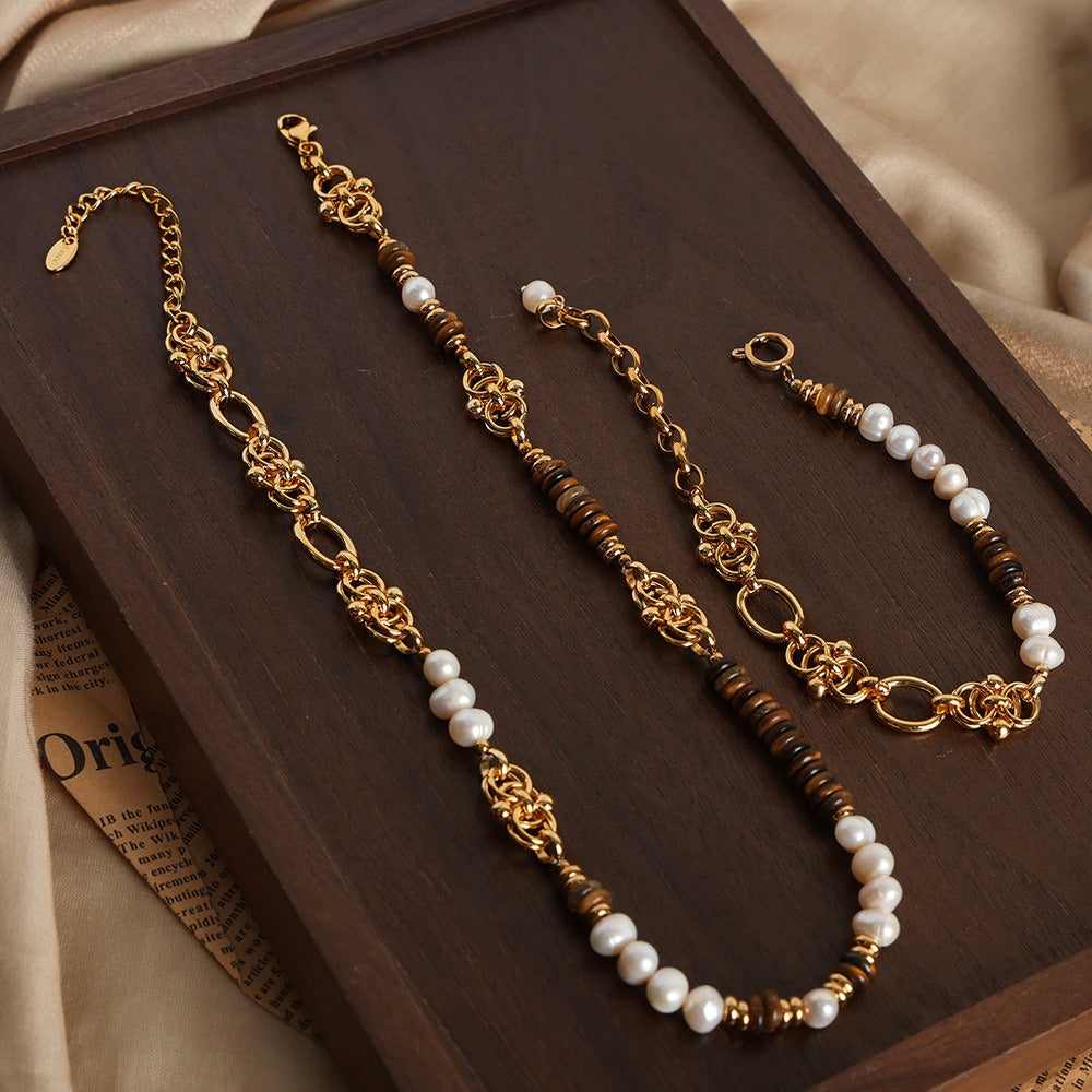 V inspired 18k Gold Tiger Eye Stone with Pearl Beading Palace Style Necklace and Bracelet