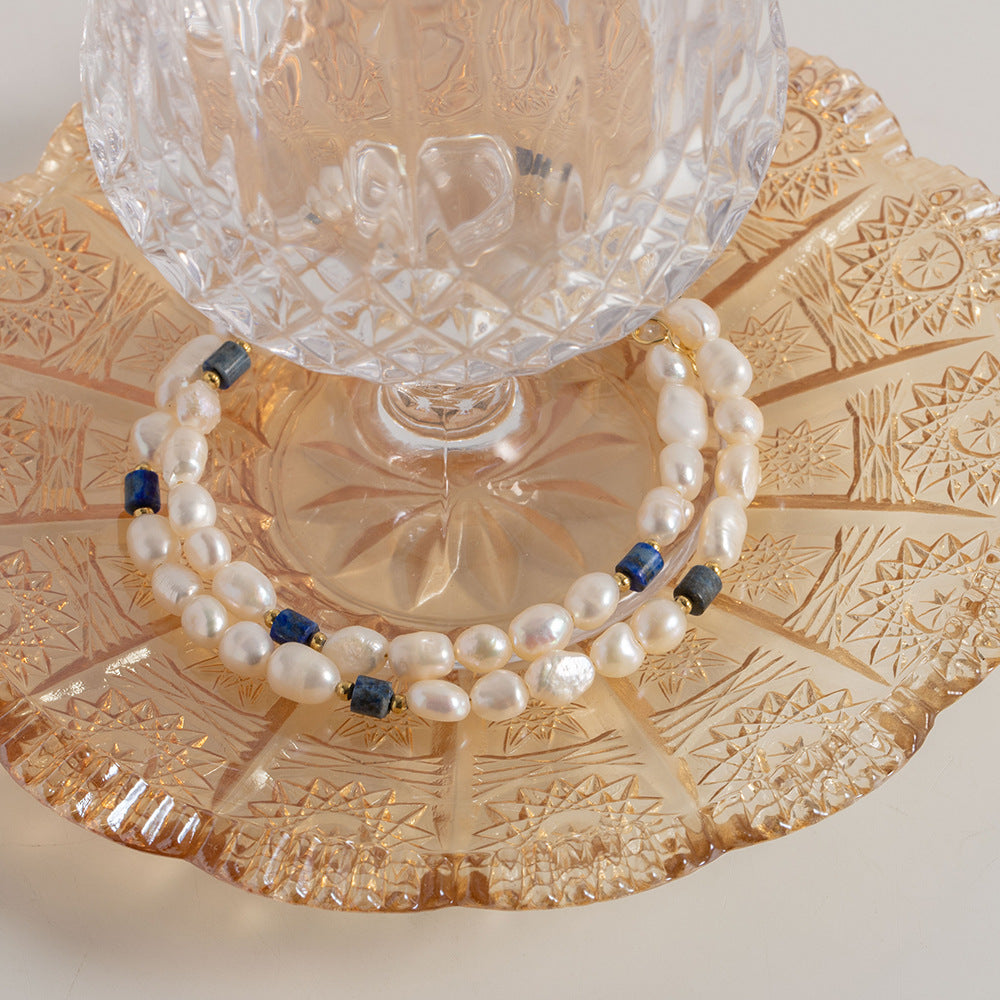 Life Goes On Classic Karaine Blue Lapis Lazuli with Natural Freshwater Pearl Beaded Necklace