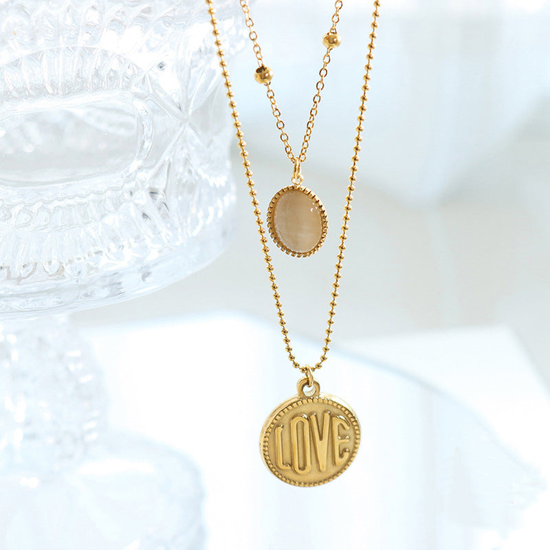 Jimin Inspired 18K Gold LOVE Round Plate with Opal Pendant Necklace