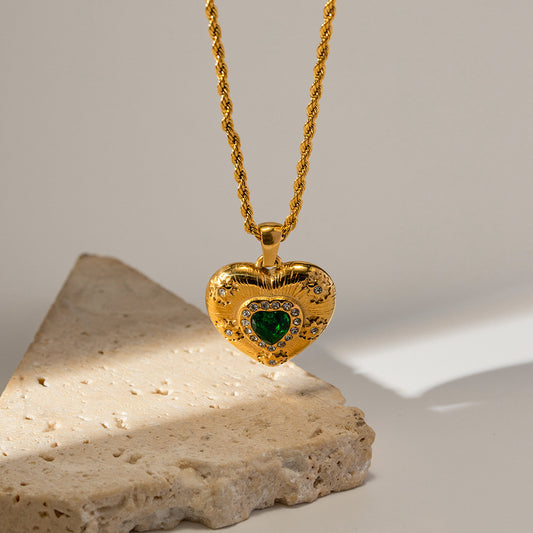 Love Yourself: Speak Yourself 18k Gold Exquisite Emerald and Zircon Heart Shape Pendant Necklace