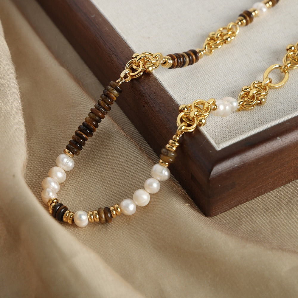 V inspired 18k Gold Tiger Eye Stone with Pearl Beading Palace Style Necklace and Bracelet