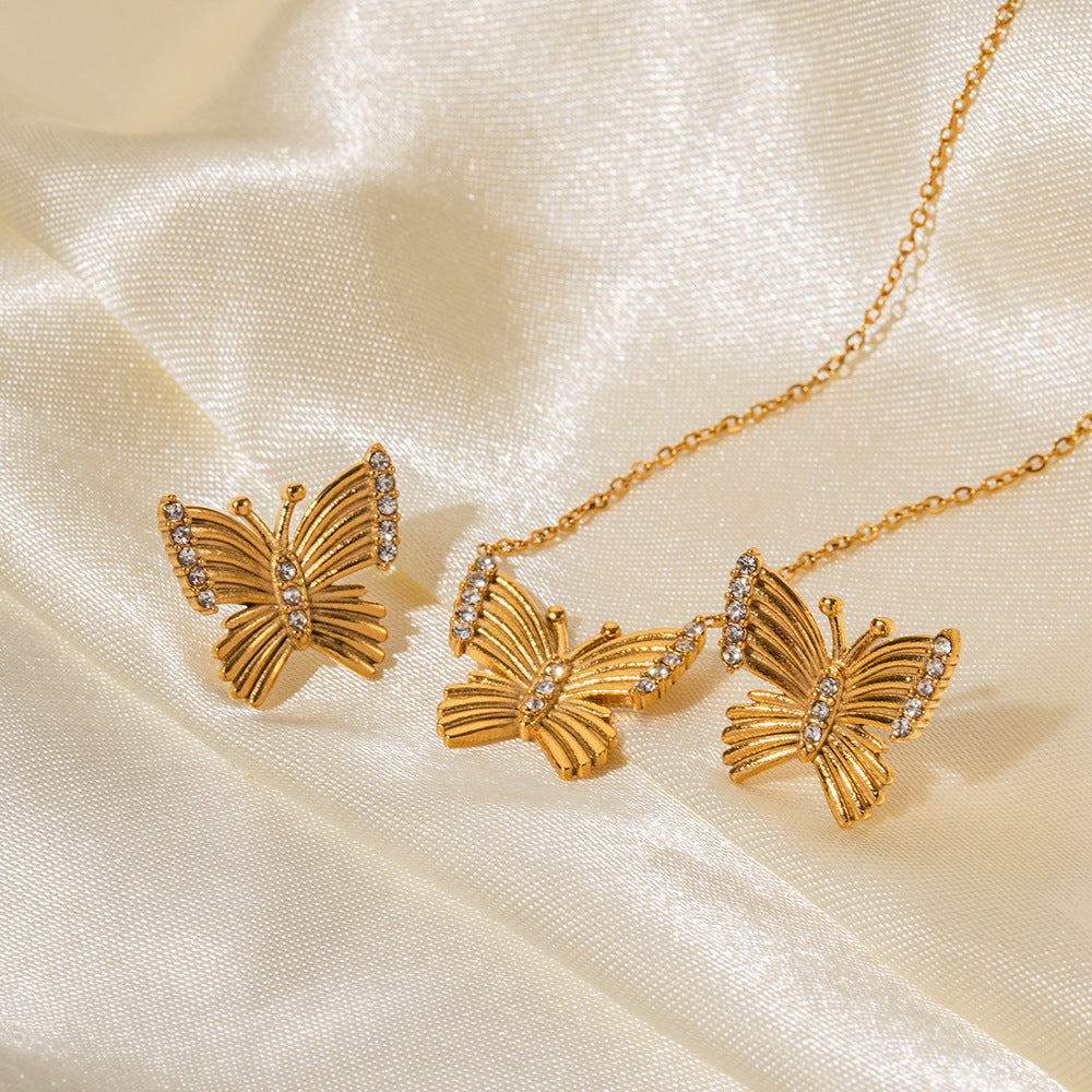 Jin & V BIrthstone 18K Gold Butterfly Inlaid White Zircon Pendant Necklace Earrings