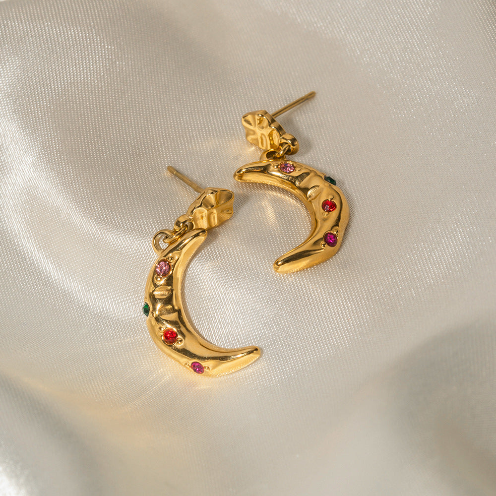 My Moon Jin Inspired 18K Gold Crescent Moon Inlaid Color Zircon Pendant Earrings