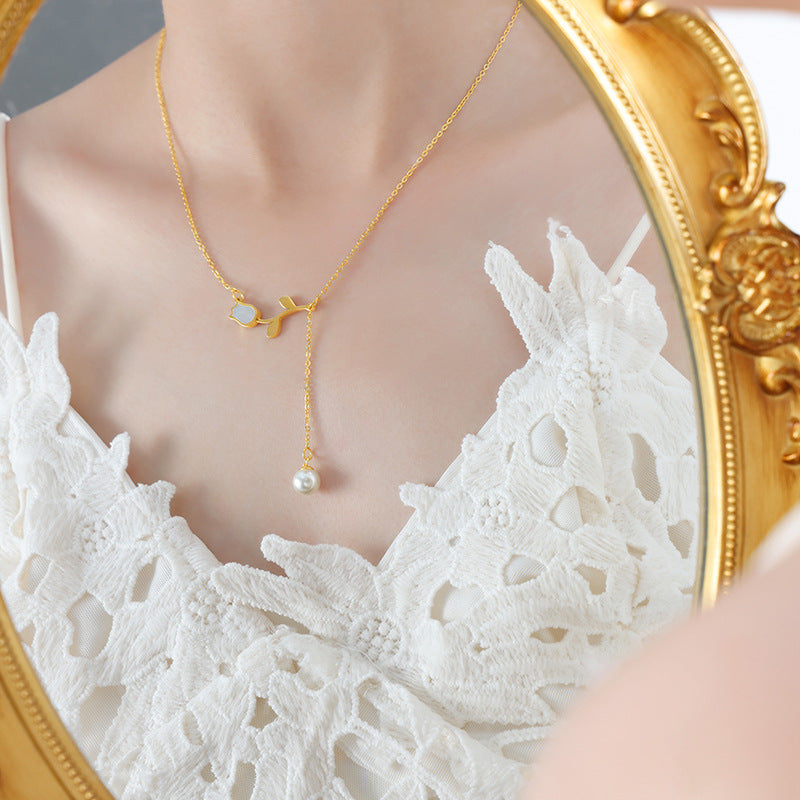 Debut Rose 18K Gold Rose Inlaid Gemstones with Pearl Tassel Necklace