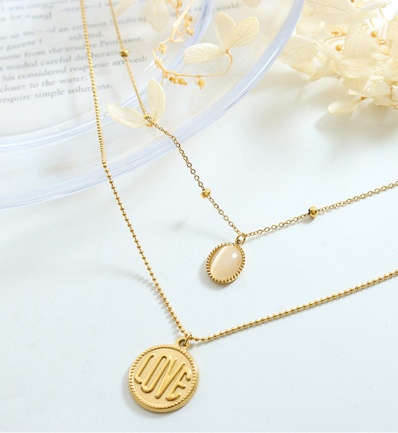 Jimin Inspired 18K Gold LOVE Round Plate with Opal Pendant Necklace