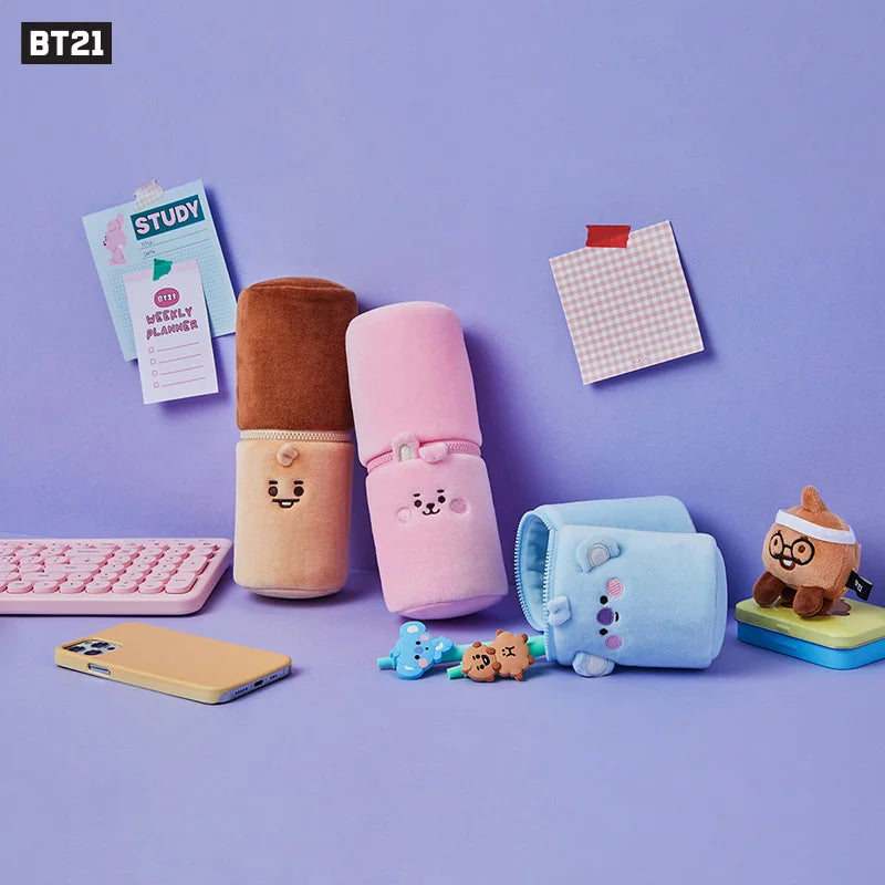 LINE FRIENDS Original Anime Bt21 Plush Pen Case Kawaii Cartoon Koya Chimmy Tata Cute Student Stationery Zipper Pen Holder Gifts