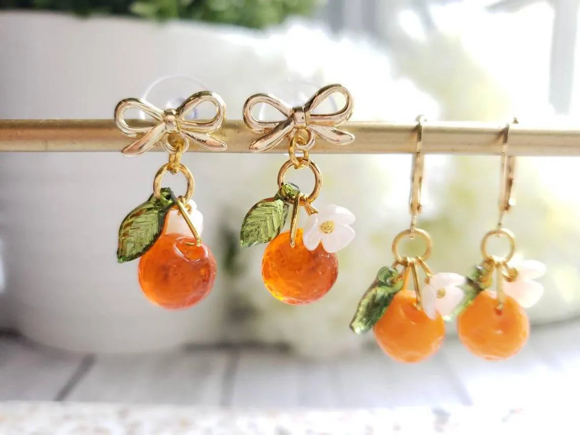 Yoongi Inspired Tangerine Fruit Earrings Acrylic Flower Leaf Charm Earrings