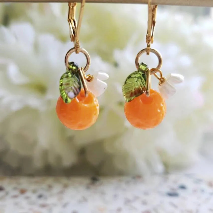 Yoongi Inspired Tangerine Fruit Earrings Acrylic Flower Leaf Charm Earrings