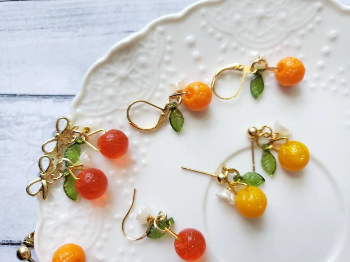 Yoongi Inspired Tangerine Fruit Earrings Acrylic Flower Leaf Charm Earrings