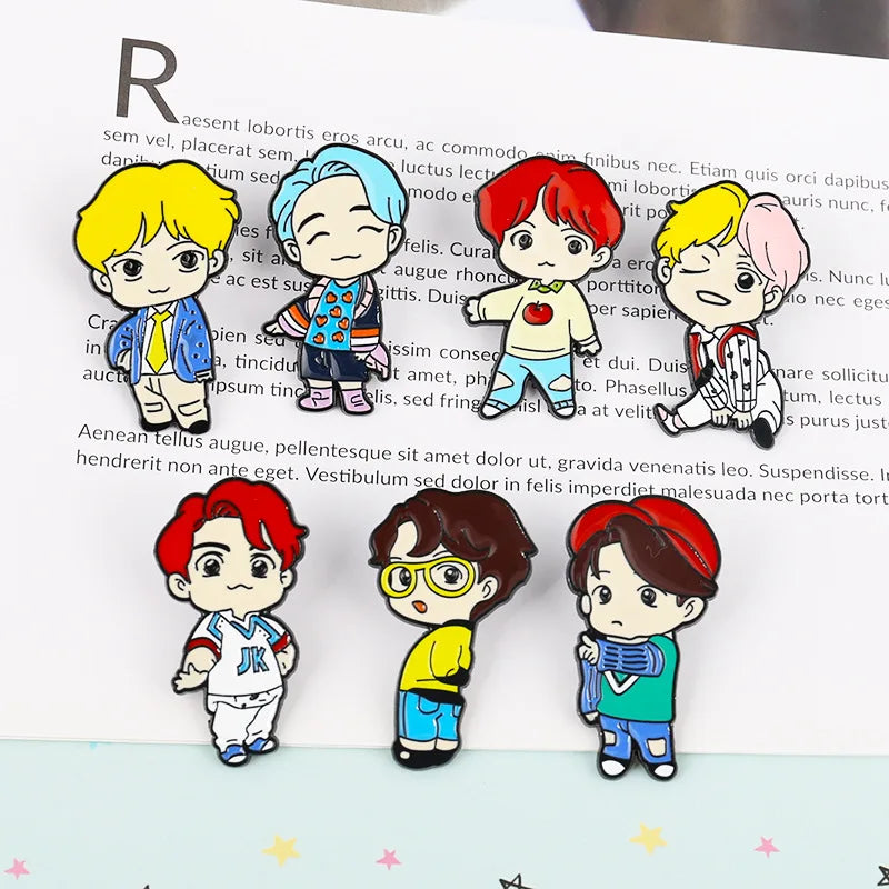 Cartoon Brooches Bangtan Boys Enamel Metal Pins of The 7 JUNG KOOK JIMIN JIN SUGA J-HOPE Idol Men's Group Gift for Fan Wholesale