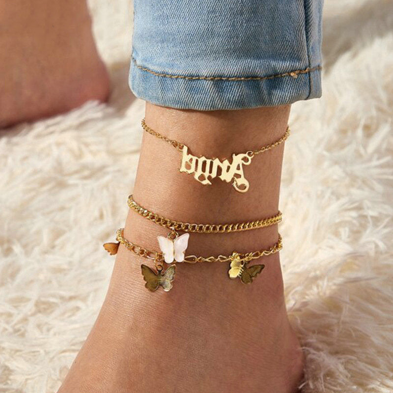 “My Angel My World” Serendipity Letter/Butterfly Three-Layer Anklet