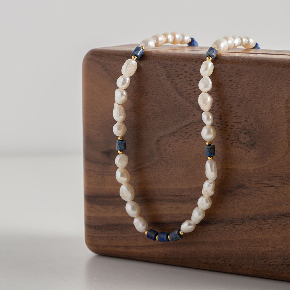 Life Goes On Classic Karaine Blue Lapis Lazuli with Natural Freshwater Pearl Beaded Necklace