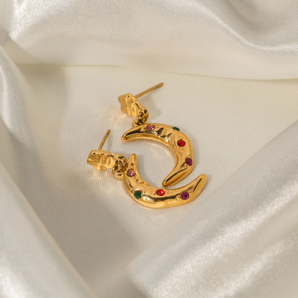 My Moon Jin Inspired 18K Gold Crescent Moon Inlaid Color Zircon Pendant Earrings