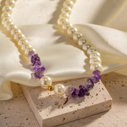 J-Hope Birthstone Adorned 18K Gold Classic Pearl and Amethyst Beaded Necklace