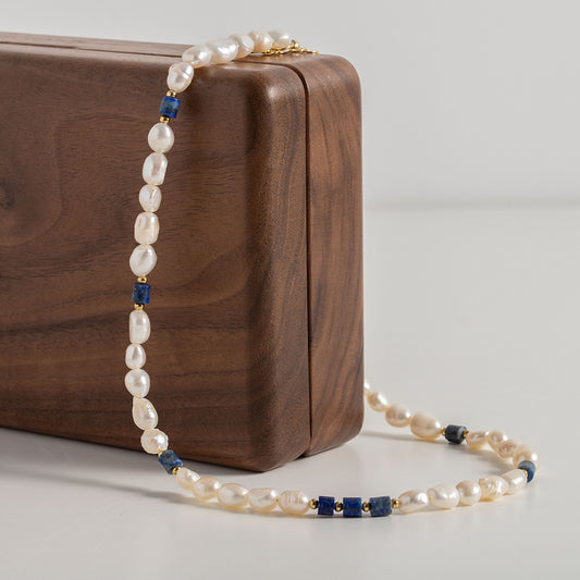 Life Goes On Classic Karaine Blue Lapis Lazuli with Natural Freshwater Pearl Beaded Necklace