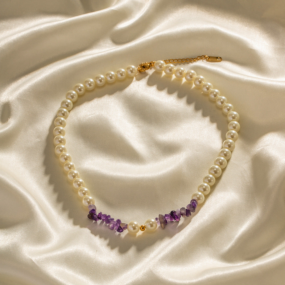 J-Hope Birthstone Adorned 18K Gold Classic Pearl and Amethyst Beaded Necklace