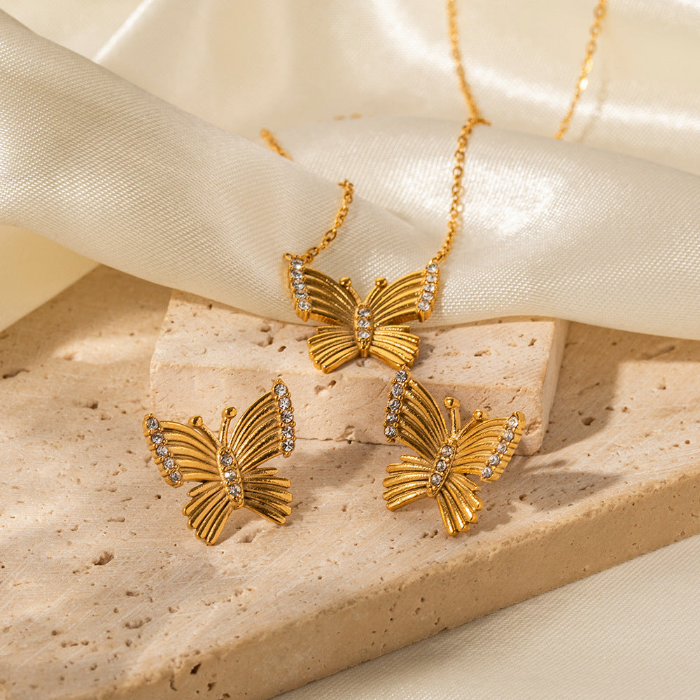 Jin & V BIrthstone 18K Gold Butterfly Inlaid White Zircon Pendant Necklace Earrings