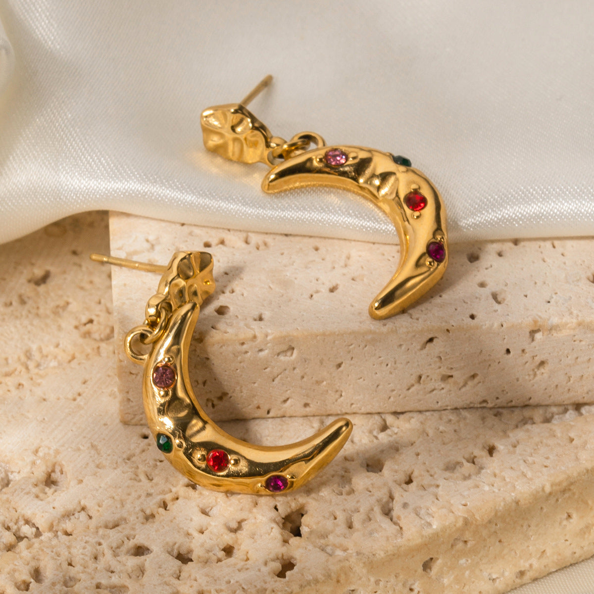 My Moon Jin Inspired 18K Gold Crescent Moon Inlaid Color Zircon Pendant Earrings