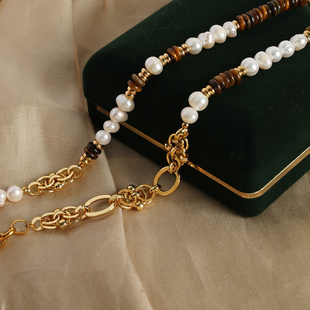 V inspired 18k Gold Tiger Eye Stone with Pearl Beading Palace Style Necklace and Bracelet