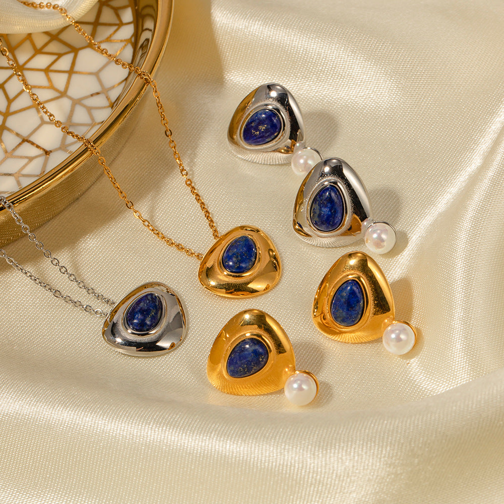 Life Goes On Inlaid Lapis Lazuli with Pearl Necklace and Earrings